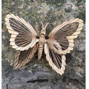 Vintage Gold Tone Butterfly Brooch Black Enamel Statement Pin Wings